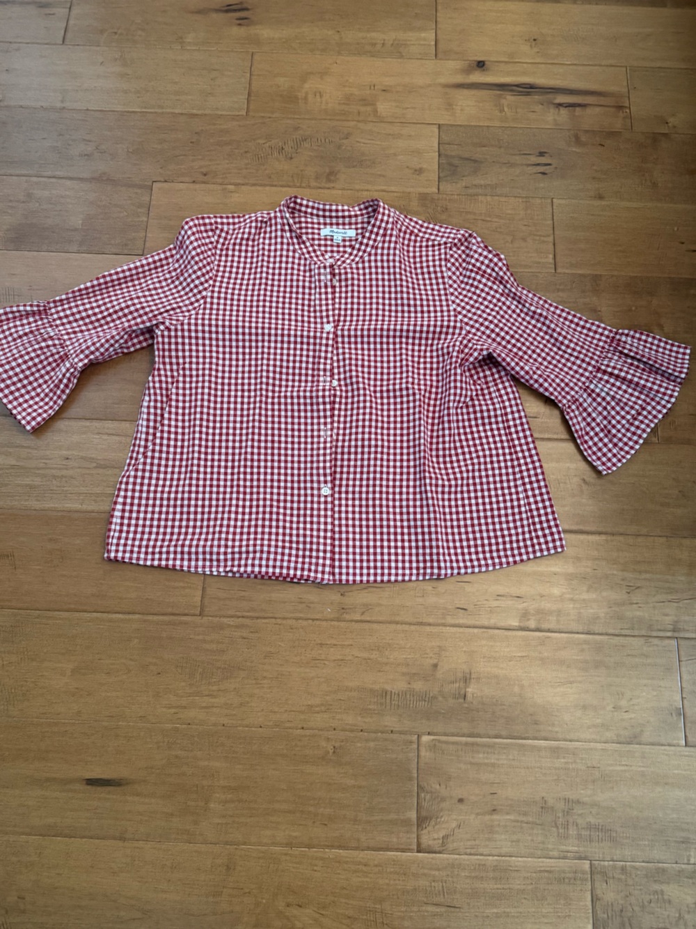 Red Gingham Bell-Sleeve Woman’s cotton blouse.  Precious Madewell top